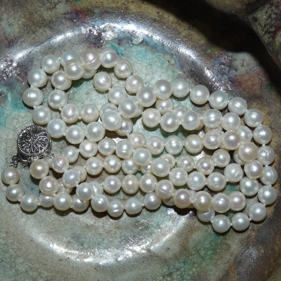 Double Strand Cultured Pearls With Silver Finesse Clasp, Good Luster 5 mm pearls - Picture 3 of 9